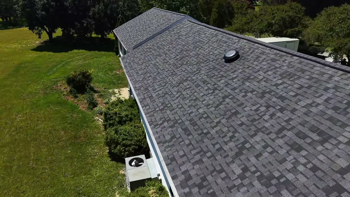 Completed architectural shingle roof in Johnston County, filmed by drone